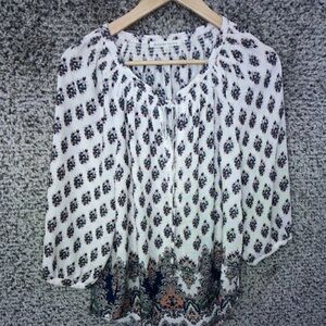 Daniel Rainn White Printed Boho Peasant Tunic with Navy and Rust Accents